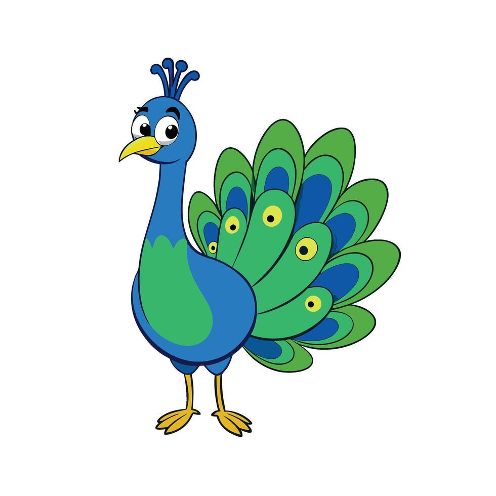 Cartoon peacock with colorful feathers, funny and cute vector