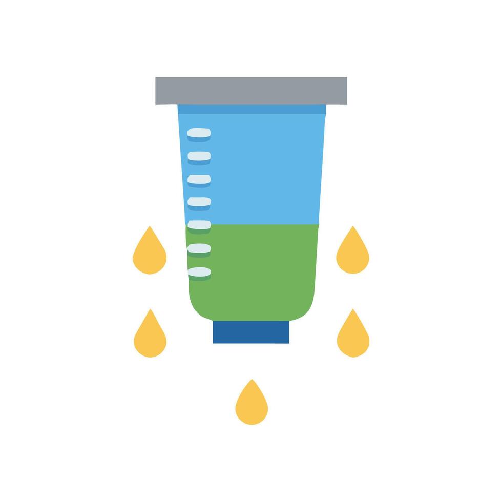 Leaky measuring cup with green liquid and golden drops vector