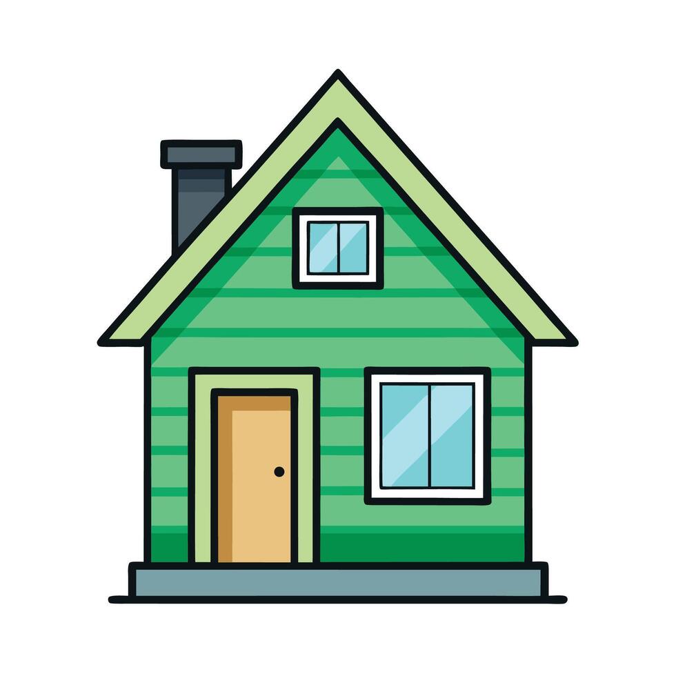 Cartoon Green House with Chimney and Two Windows vector