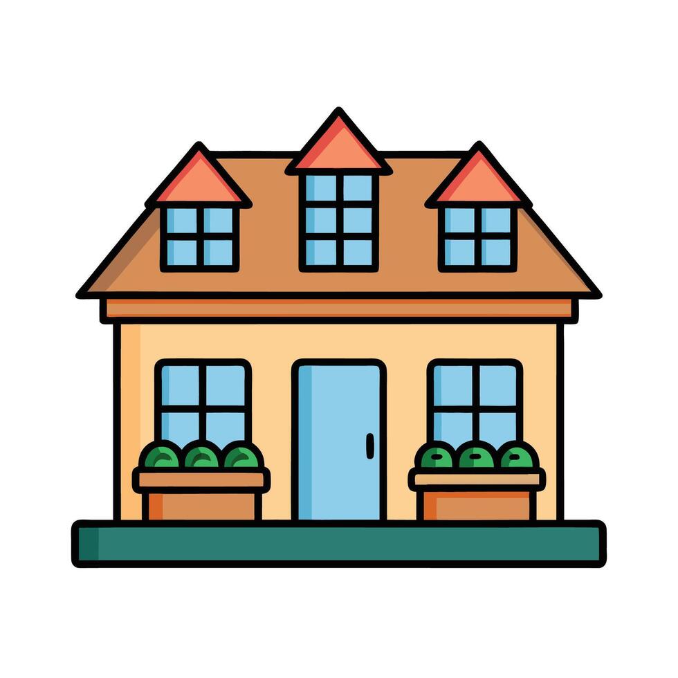 Cute House Illustration with Dormers and Flower Boxes vector