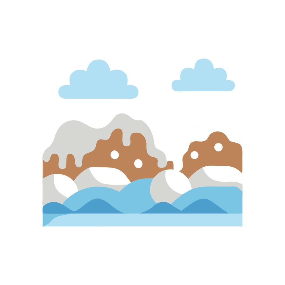 Stylized Landscape with Mountains, Water, and Clouds Graphic vector