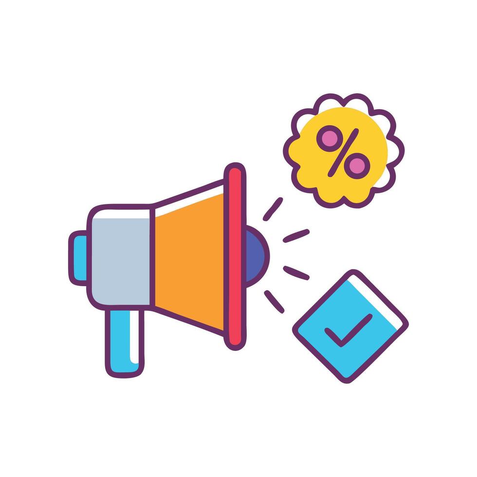Sale announcement with megaphone, discount, and confirmation icon vector