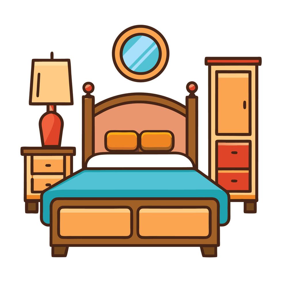 Stylized bedroom furniture with a bed, lamp, wardrobe vector