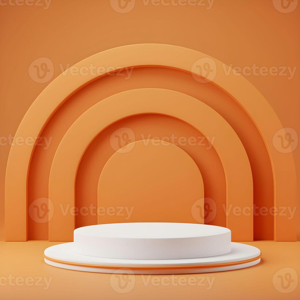 Minimalist product display with orange arches and white platform photo