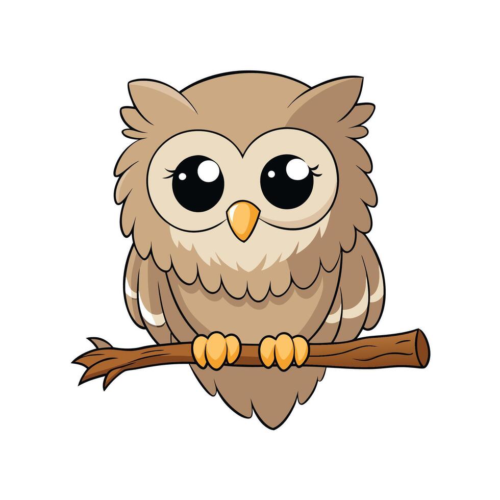 Cute Cartoon Owl Perched on Branch Illustration Design vector
