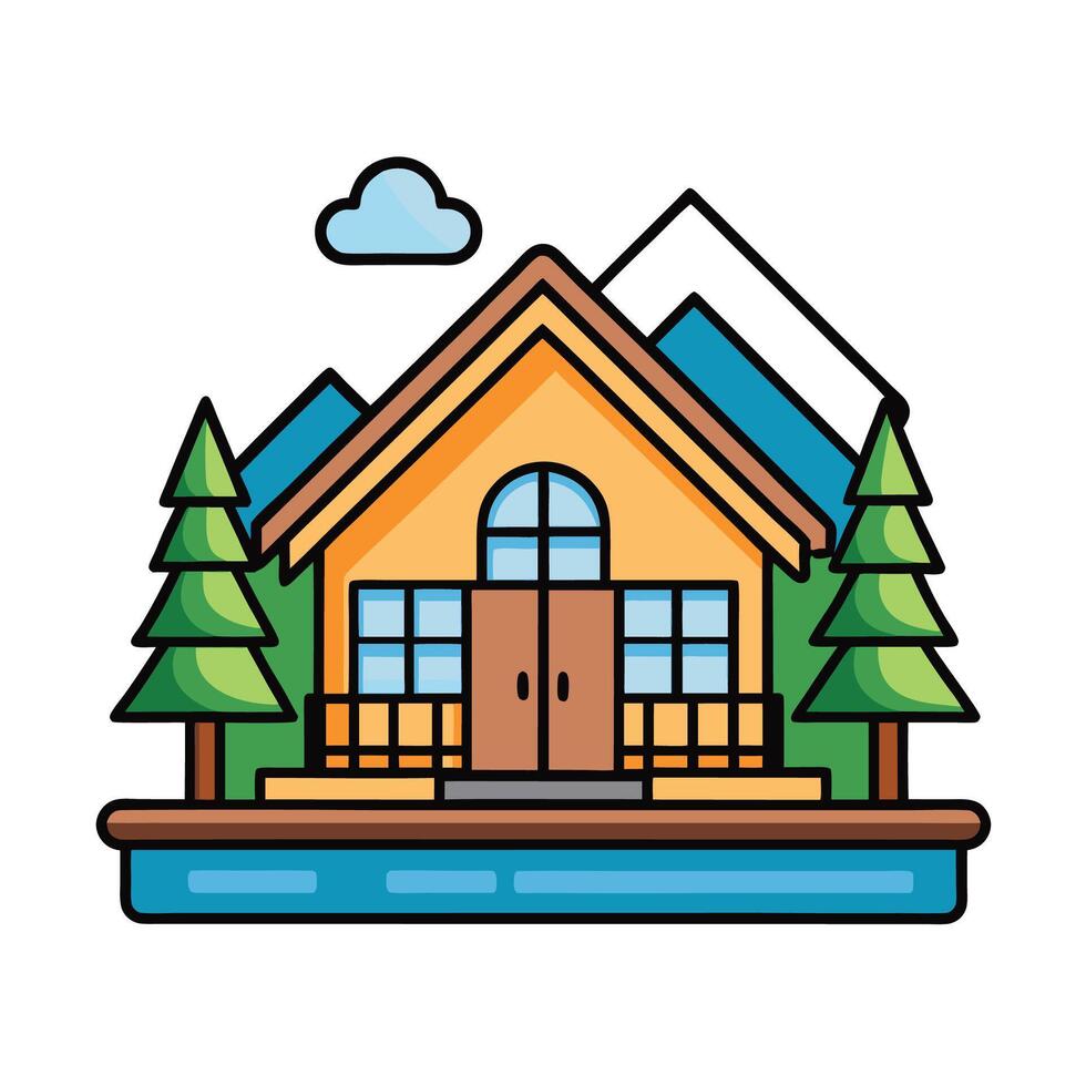 Cabin in the woods with mountain background illustration vector