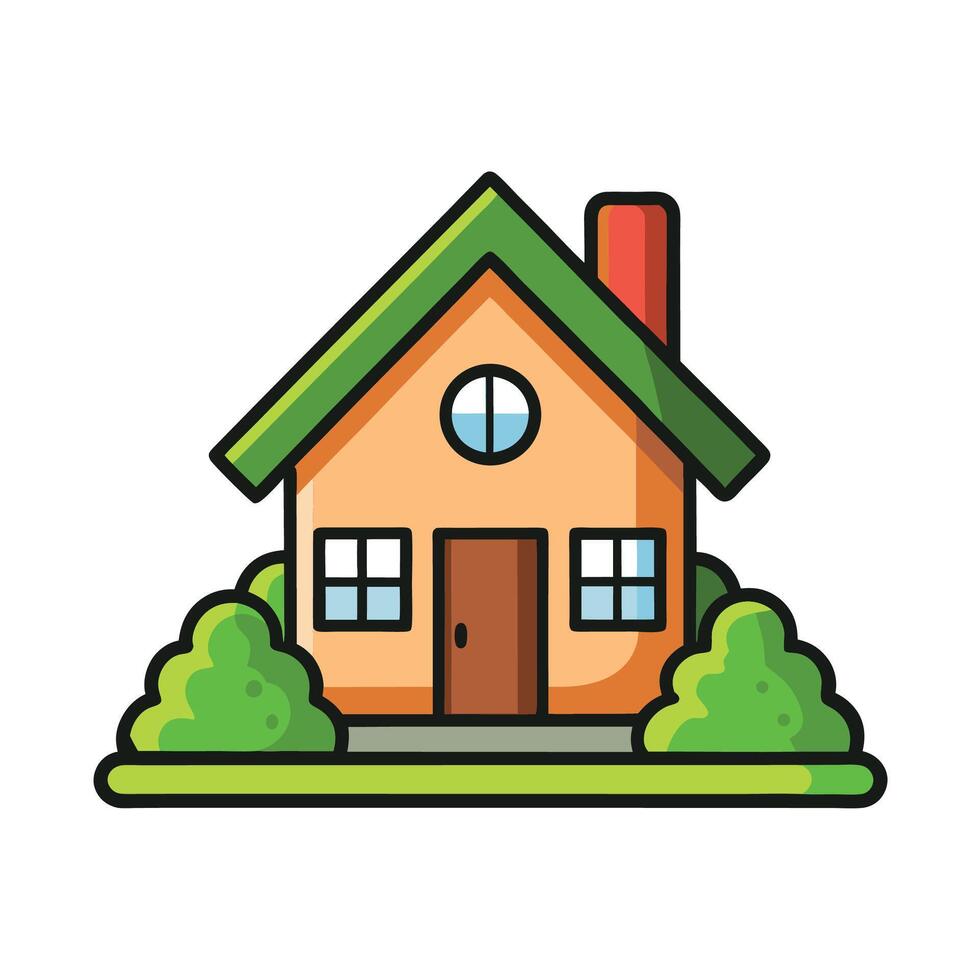 Cartoon house with green roof and bushes icon vector