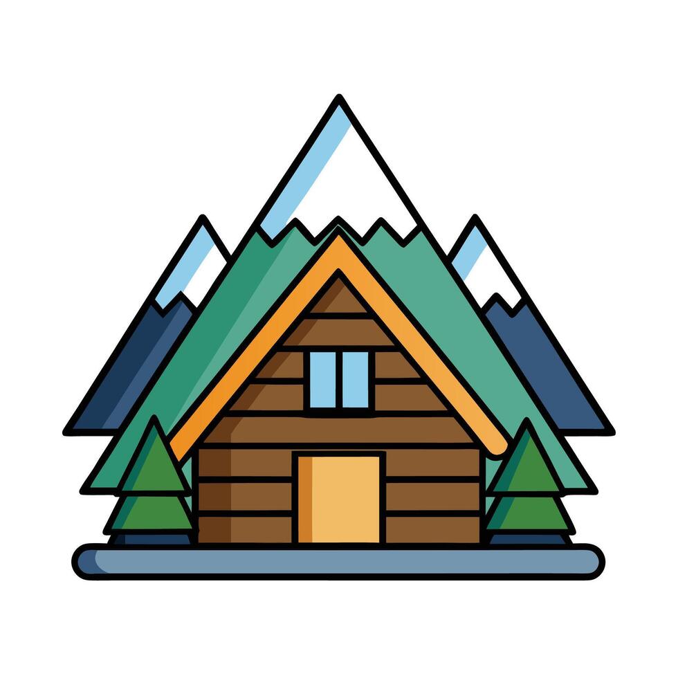 Cartoon Cabin Illustration with Mountain Backdrop and Trees vector
