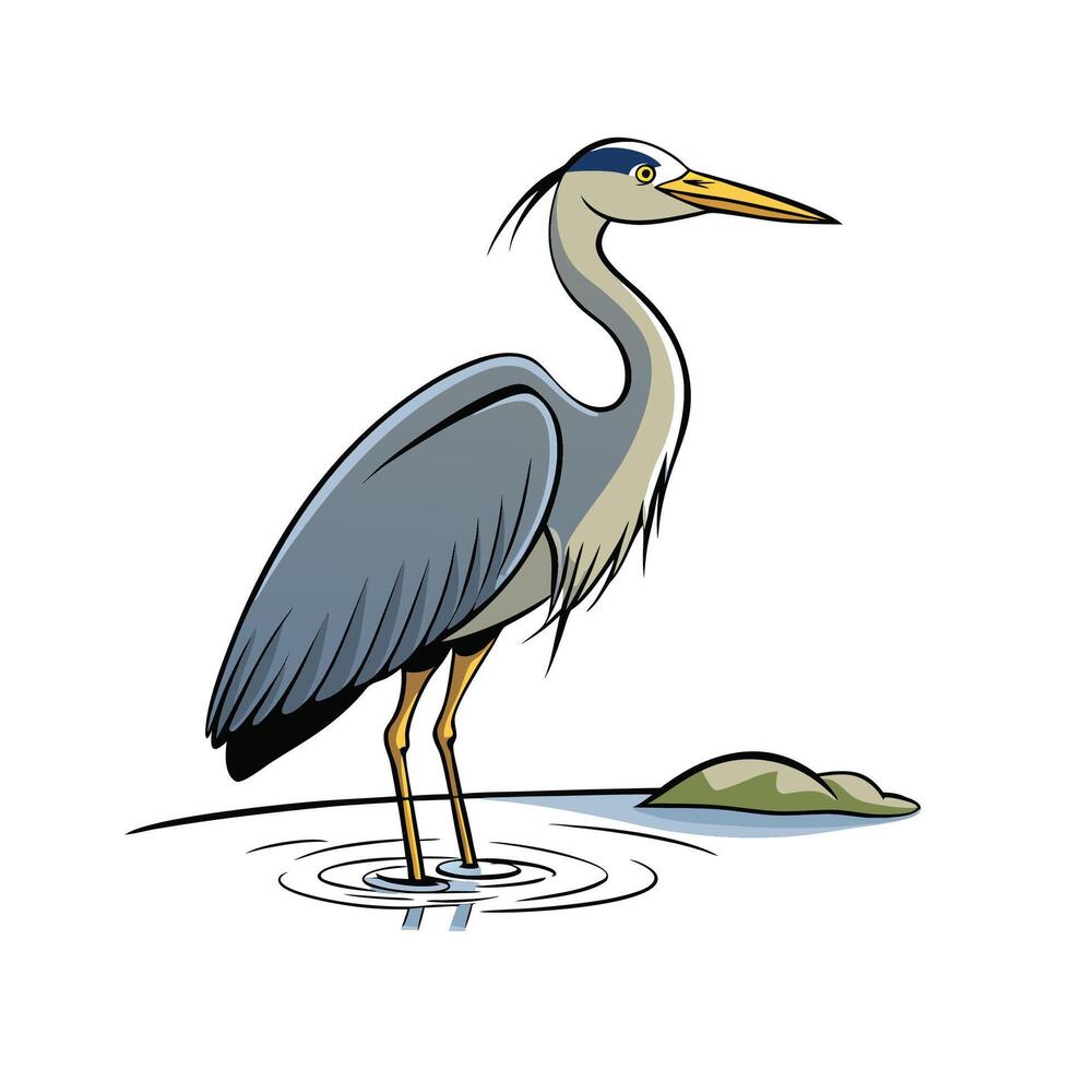 Cartoon Great Blue Heron Standing in Shallow Water. vector