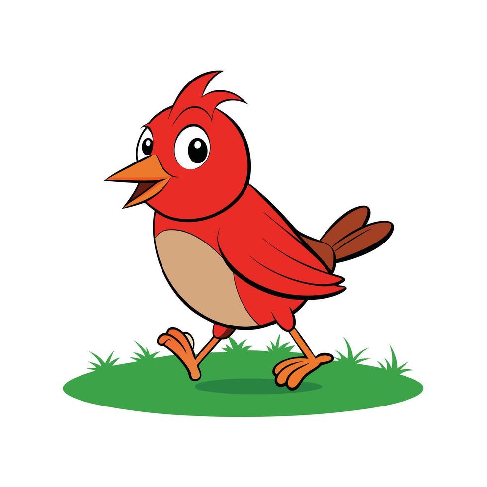 Cute Cartoon Red Bird Walking on Green Grass vector