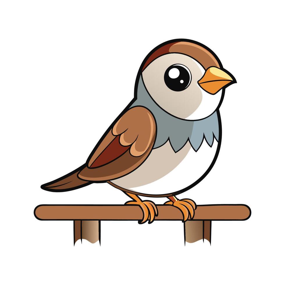 Cute cartoon sparrow perched on wooden stand illustration vector