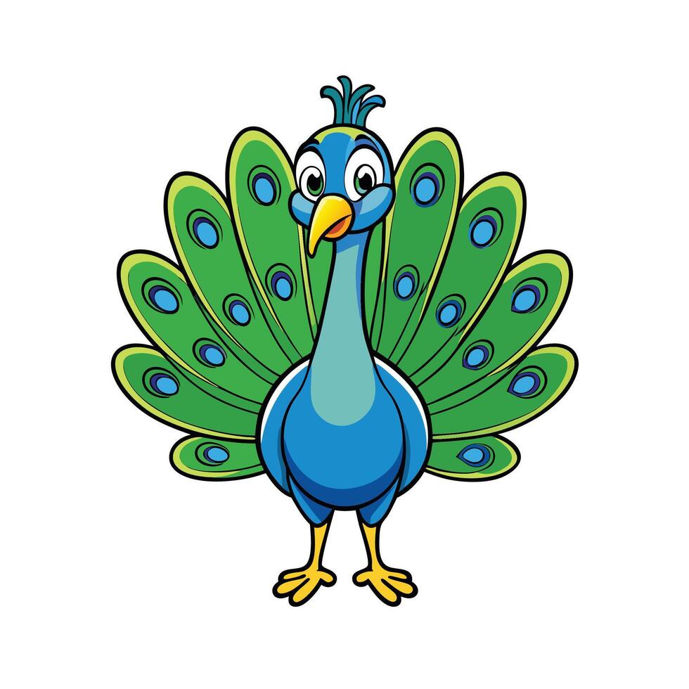 Cartoon Peacock with Feathers Displayed, Elegant and Colorful vector