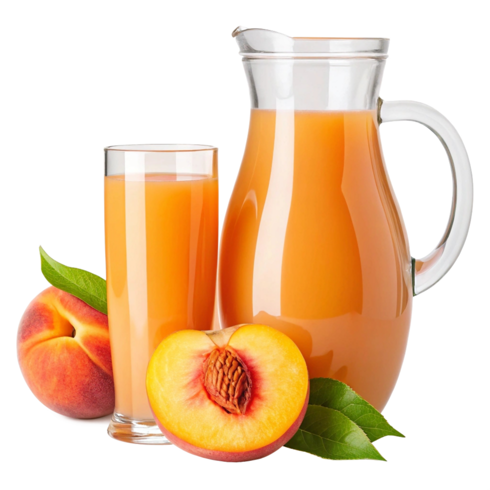 Fresh peach juice in a glass and pitcher with peaches. png