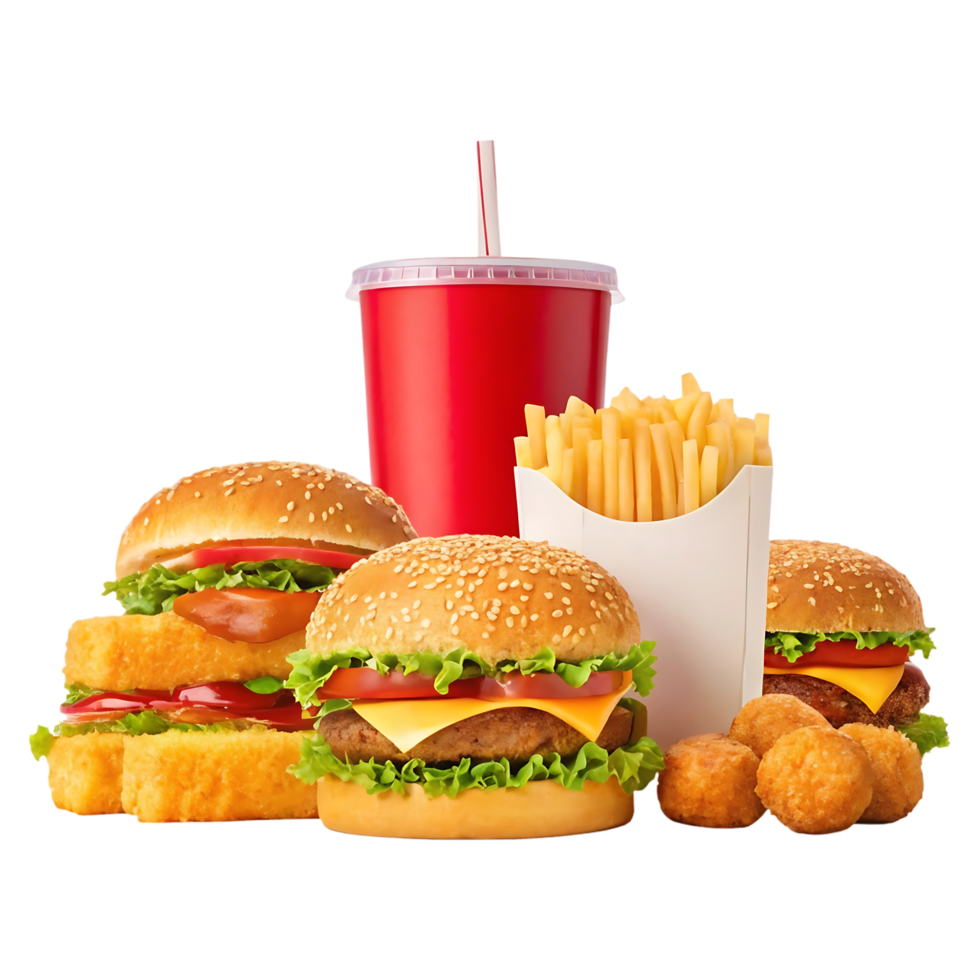Delicious fast food meal with burgers, fries, and soda. png