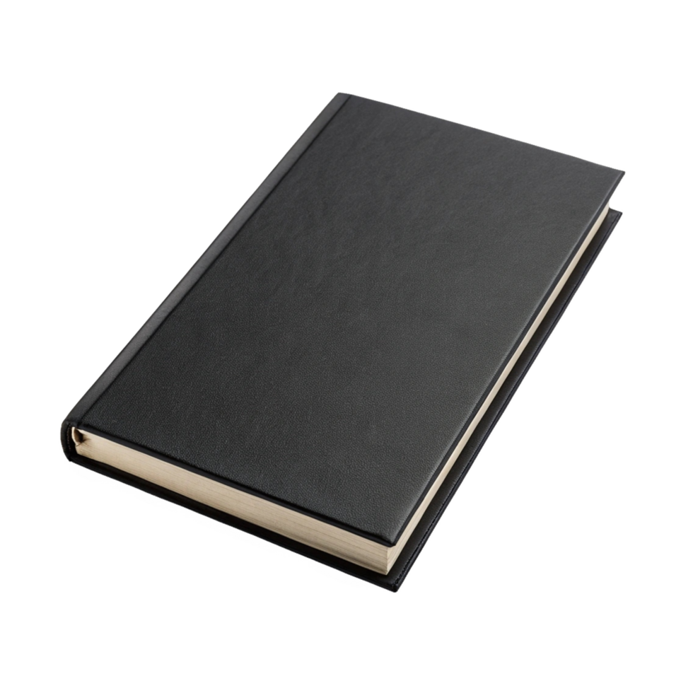 Black leather notebook, closed, isolated png