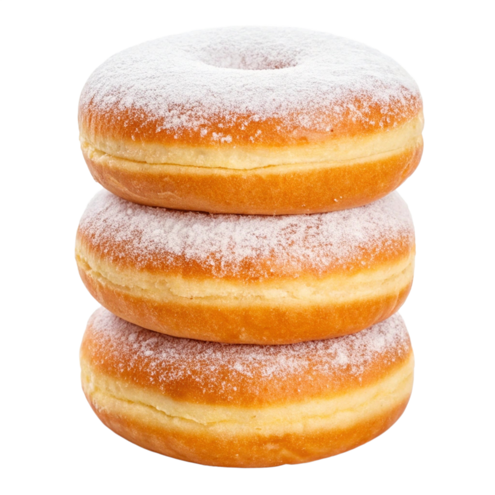 Stack of three delicious powdered sugar donuts. png