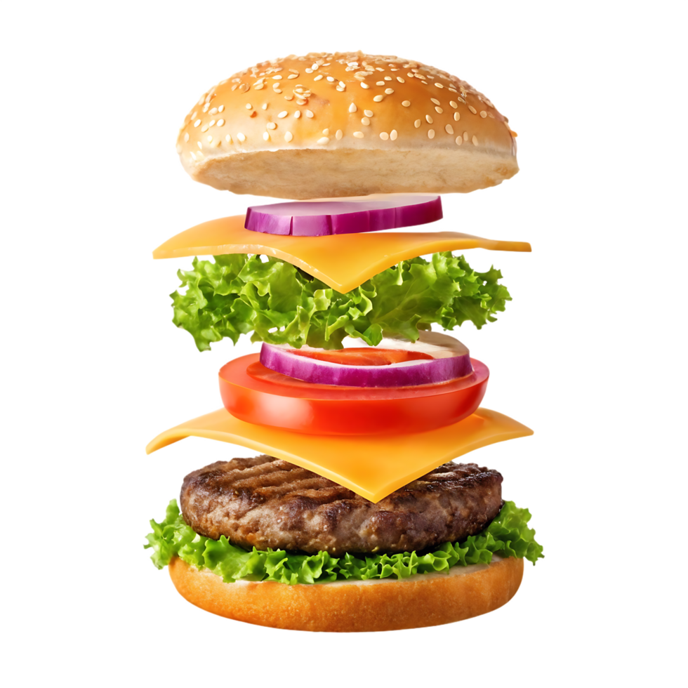 Delicious burger ingredients levitating. png