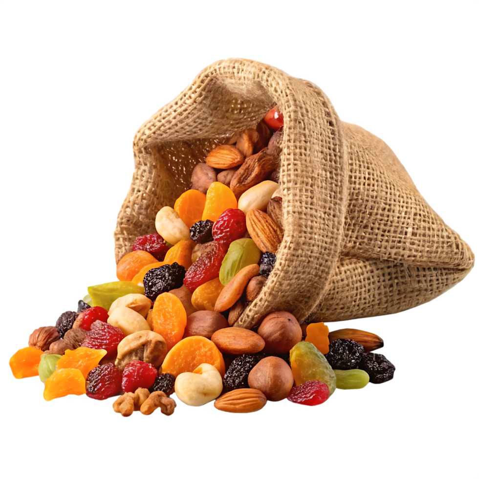 Assorted dried fruits and nuts spilling from a burlap sack. png