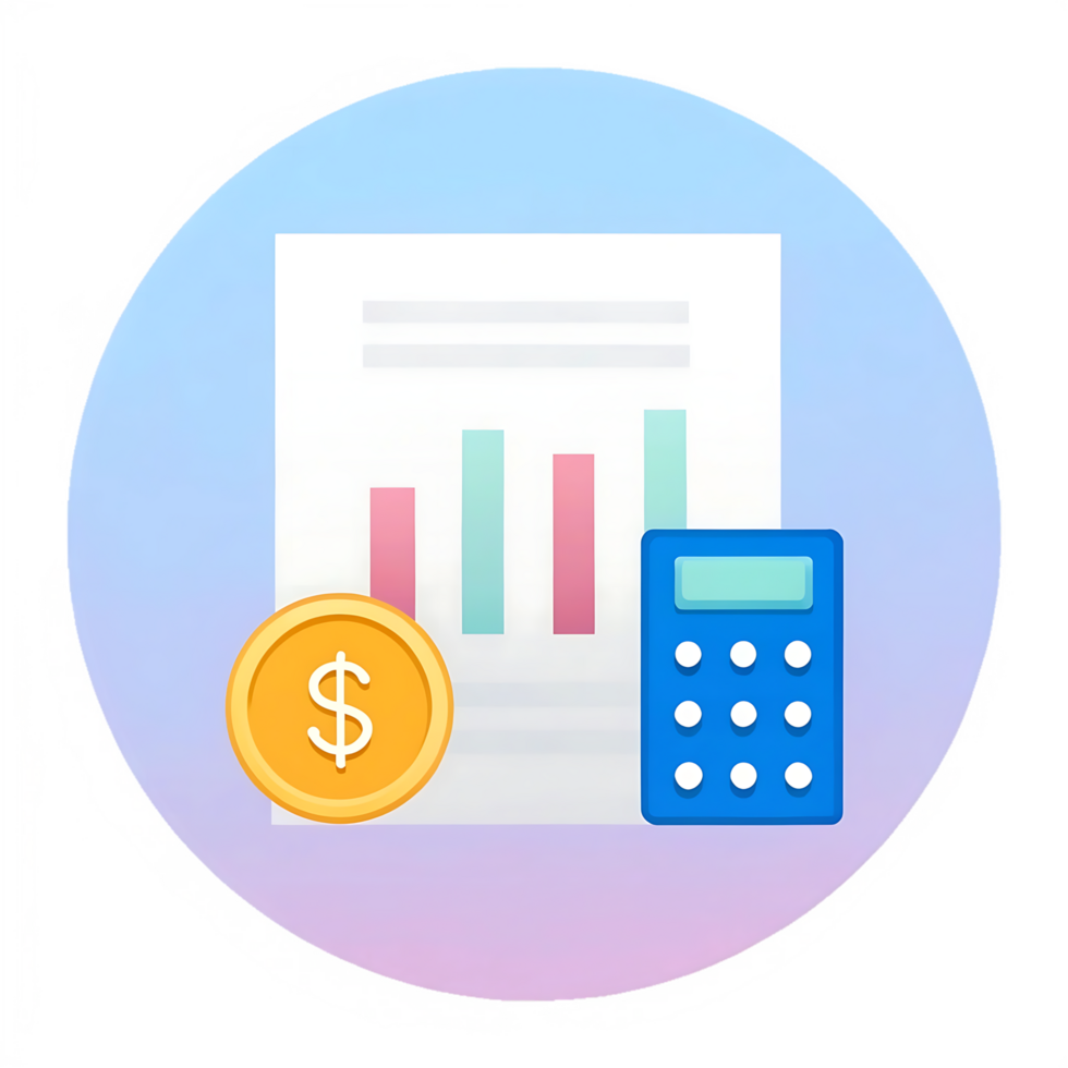 Financial report, calculator, and coin icon. png