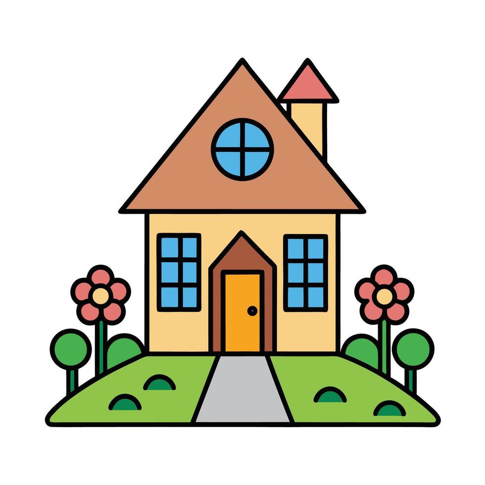 Cute Cartoon House with Flowers on a Hill vector