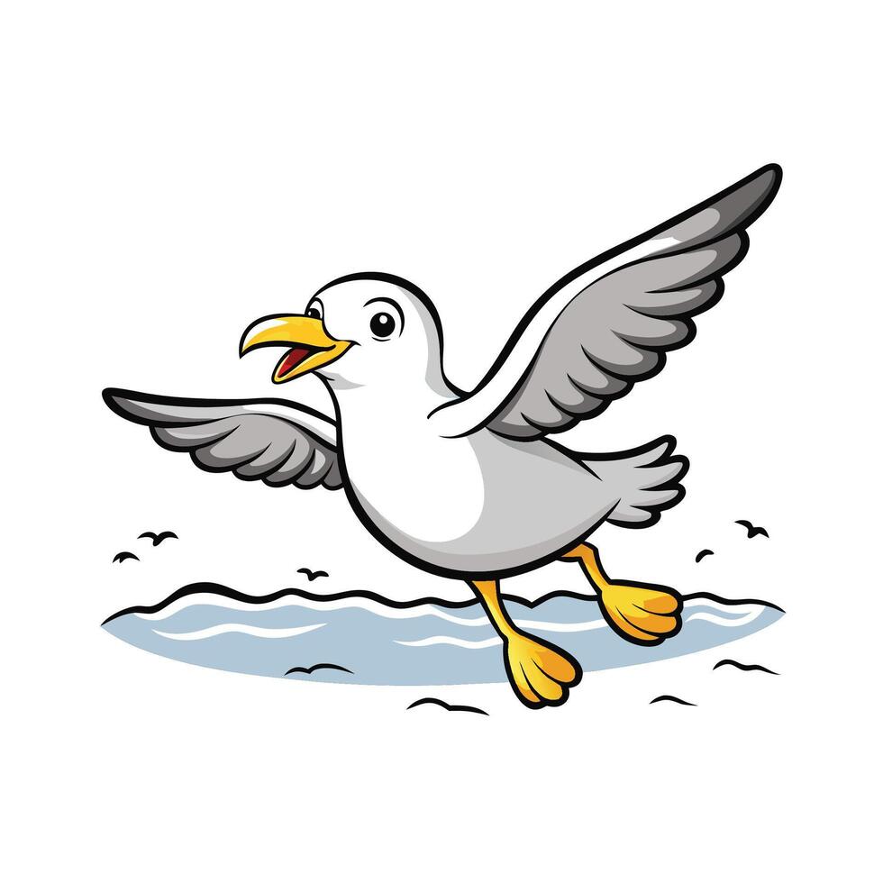 Cartoon Seagull Flying over Water with Open Wings vector