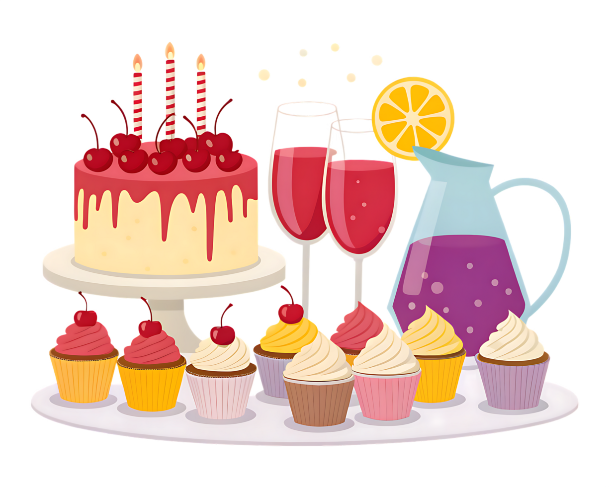 Delicious birthday cake and cupcakes with drinks. png