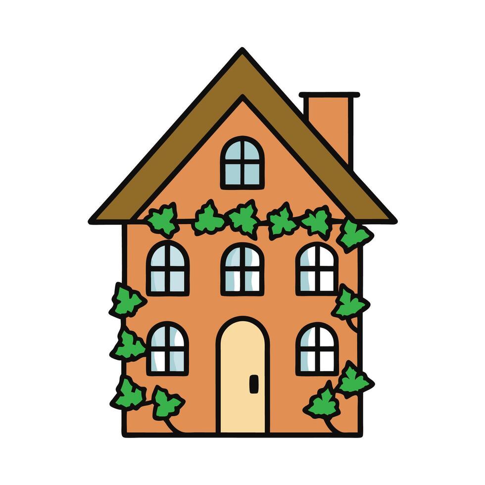 Cute House with Ivy Vines, Cartoon Illustration Style vector