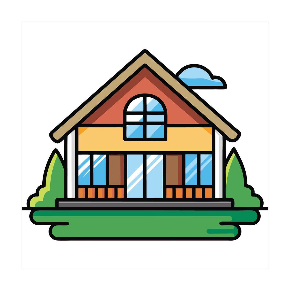 Colorful Cartoon House with Yard and Cloud Icon vector