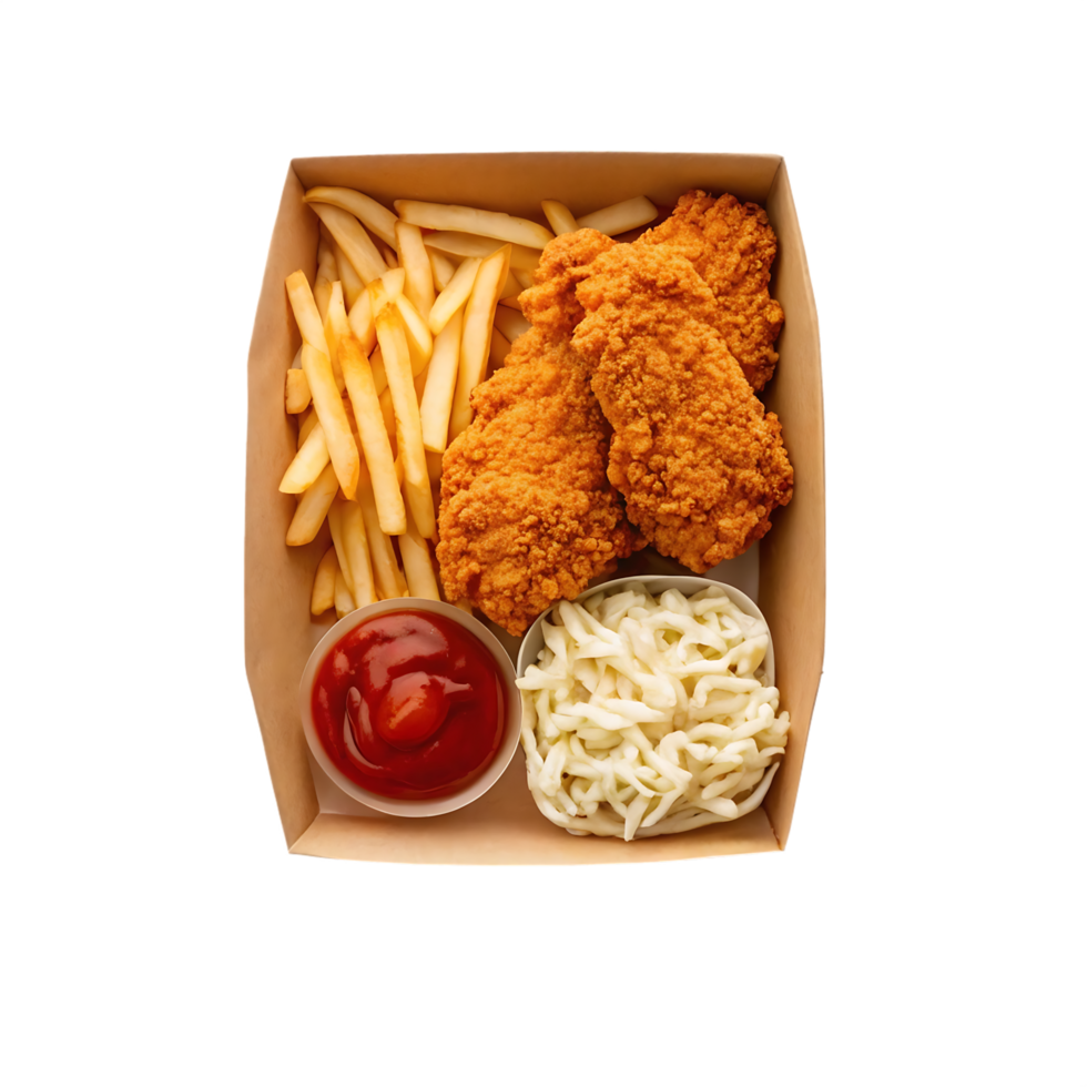 Crispy chicken tenders with fries and coleslaw. png