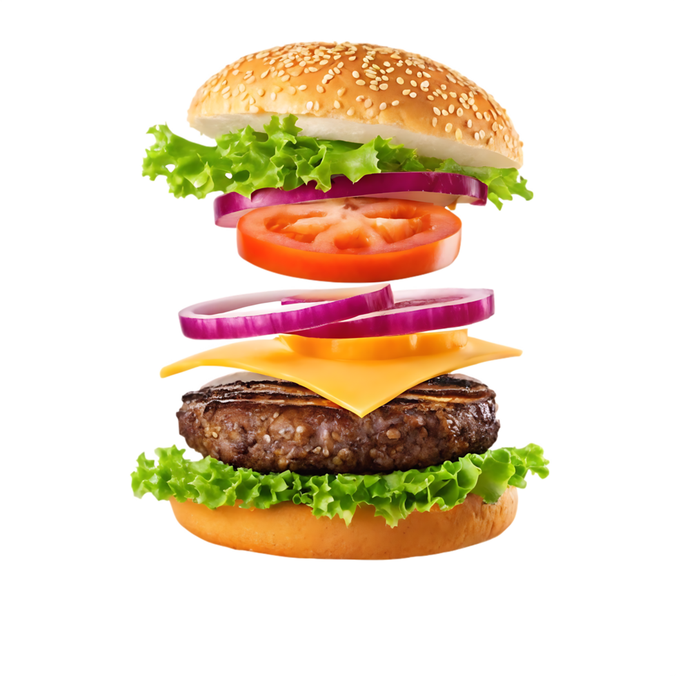 Delicious hamburger with cheese, tomato, onion, and lettuce. png
