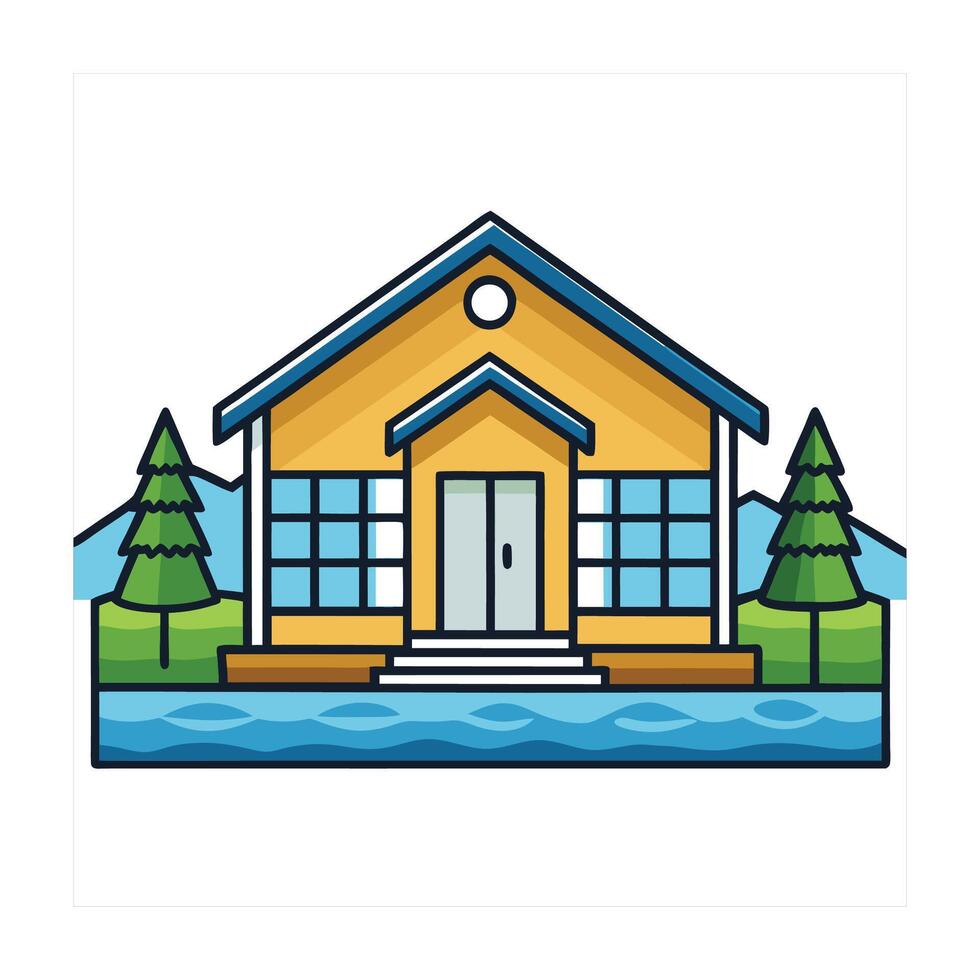 Lake House Icon with Trees and Water Illustration vector