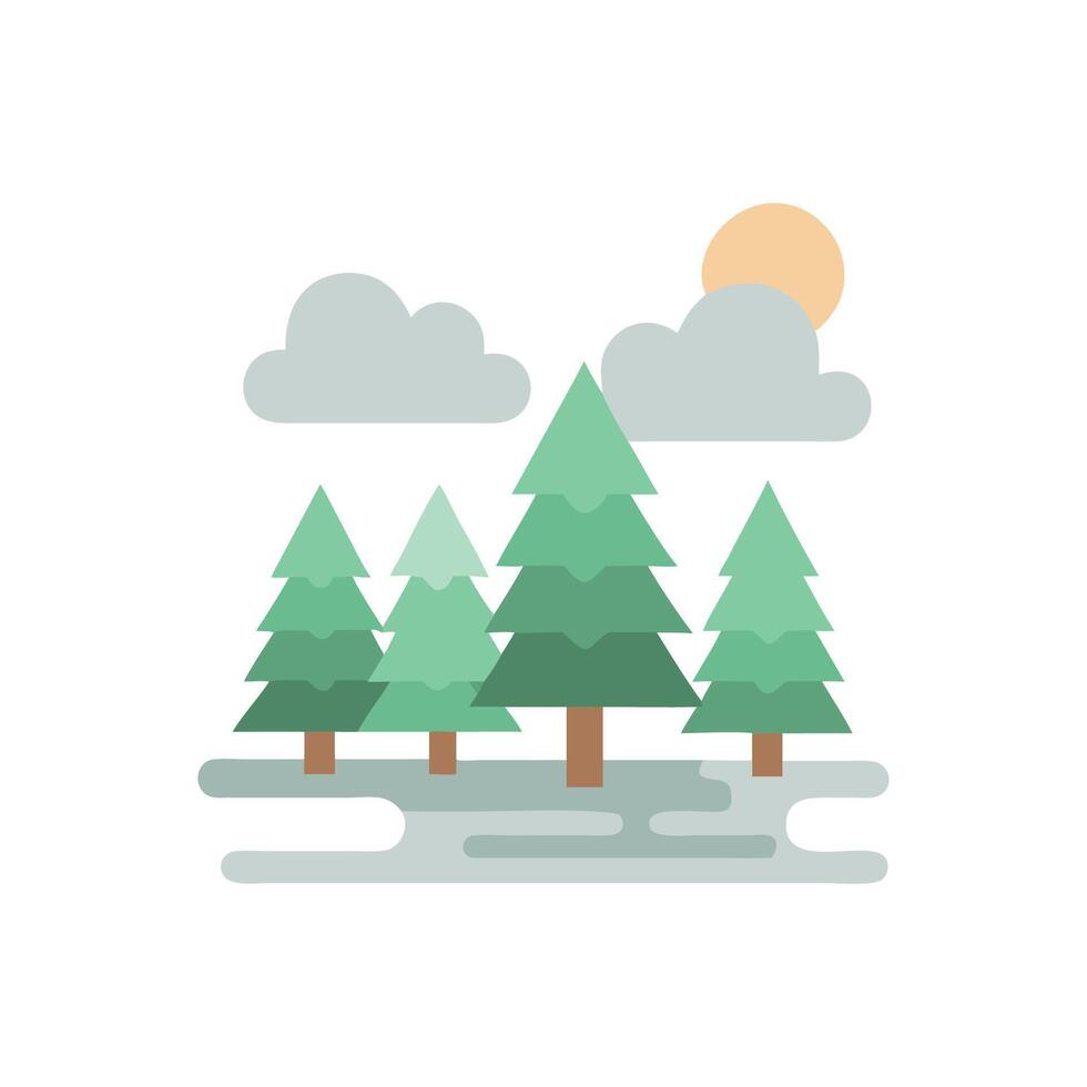 Cartoon Forest Scene with Trees, Clouds, and Sun vector