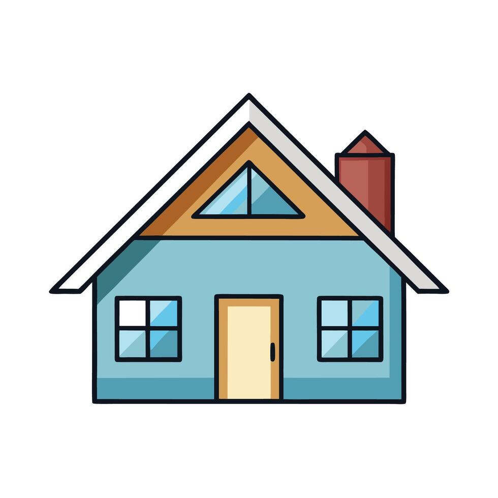 Cute blue house illustration with chimney and windows vector