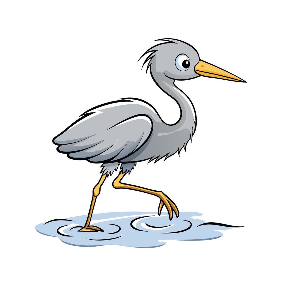 Cartoon Heron Wading in Water, Cute Bird Illustration vector