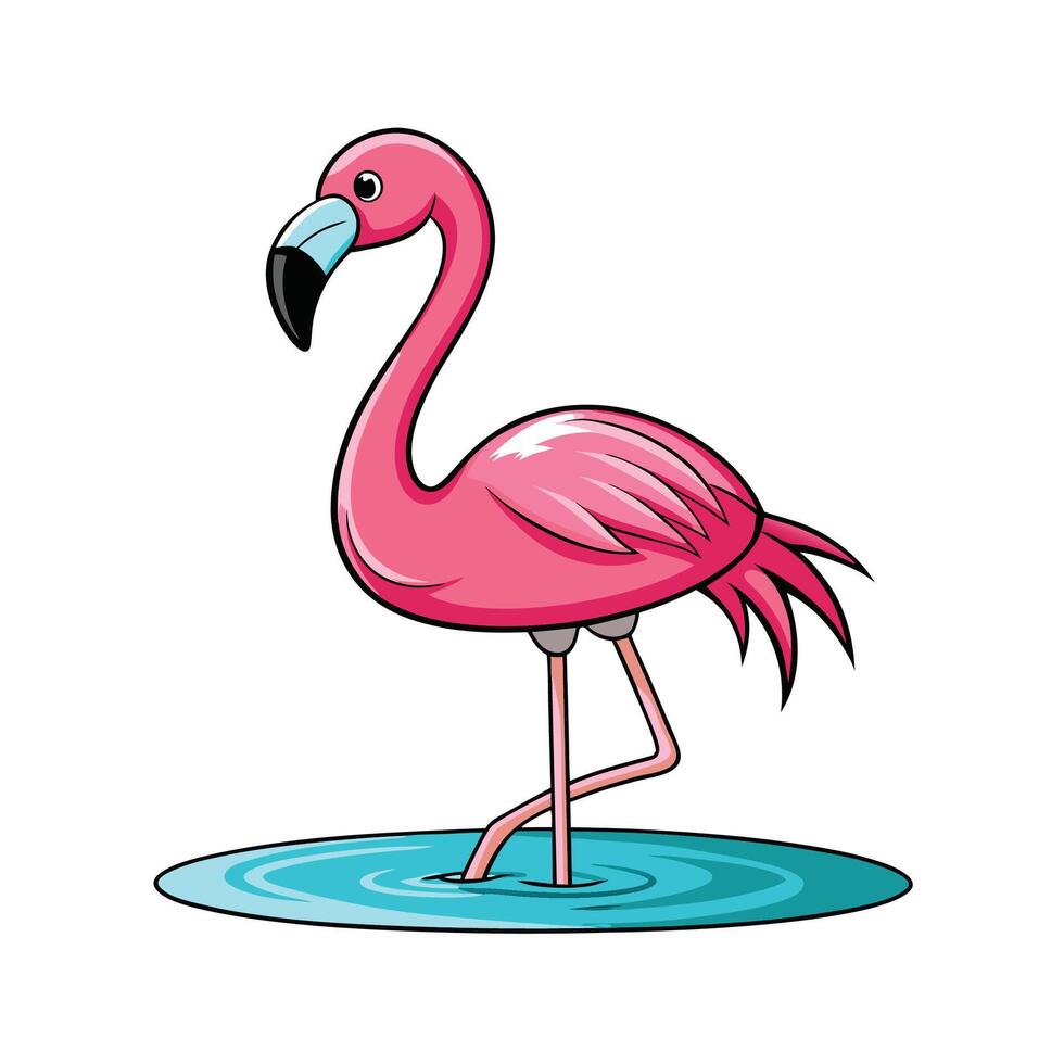 Cartoon Pink Flamingo Bird Wading in Blue Water vector