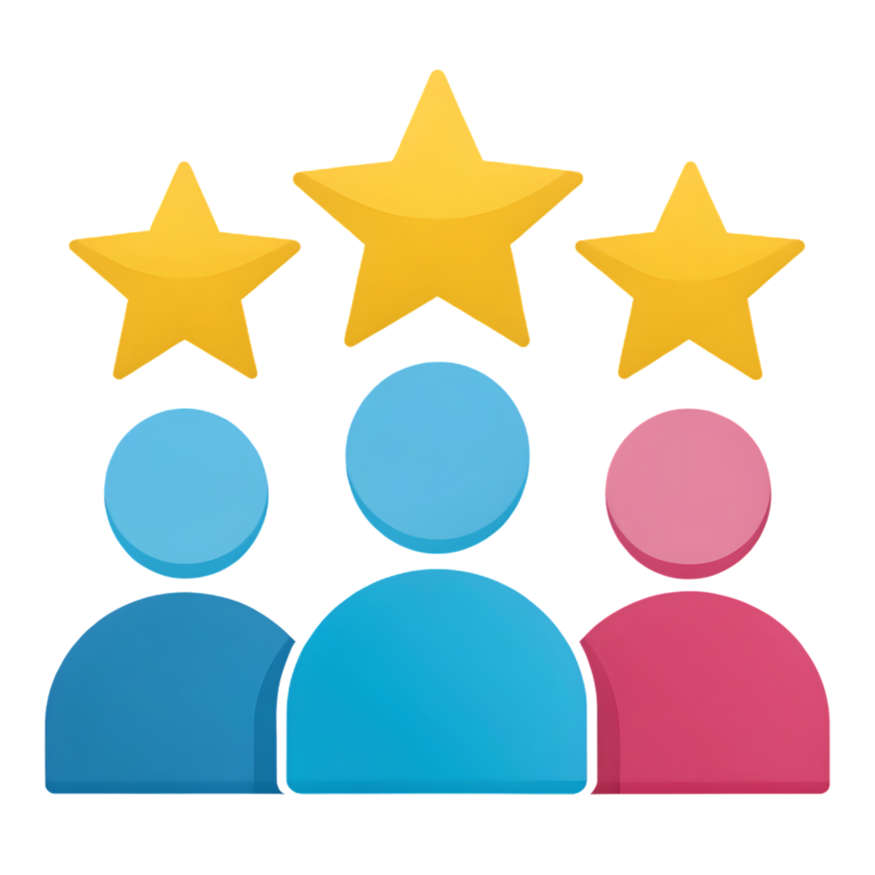 Three people with three stars above their heads, representing a high rating or excellent performance. png