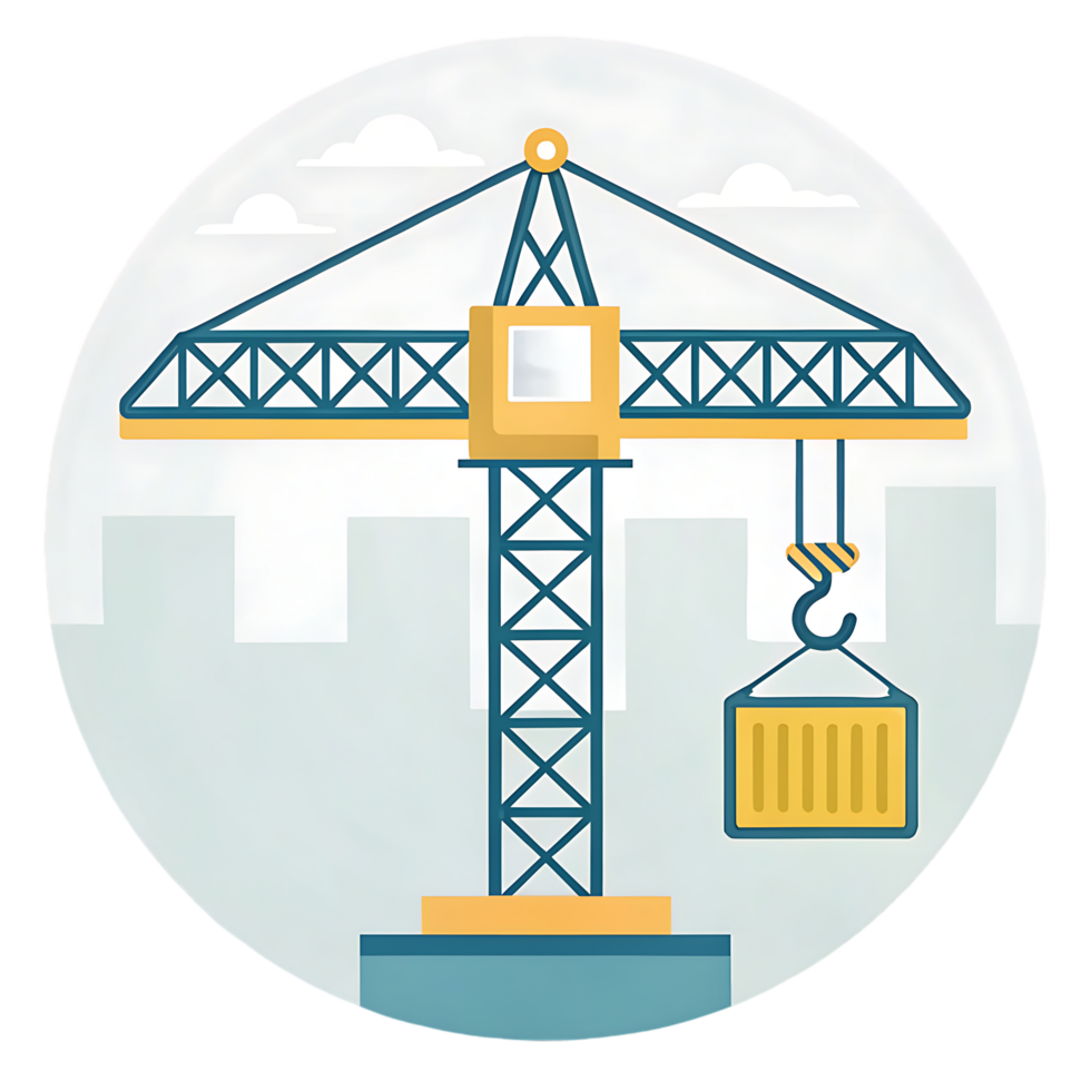 Construction crane lifting a container against a city skyline. png