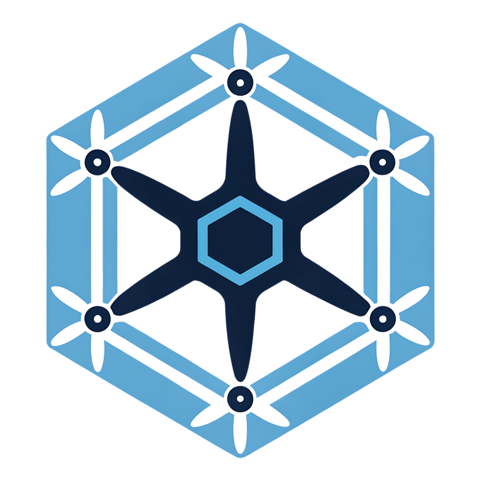 Abstract hexagonal snowflake design. Cool blue and dark navy color palette. png