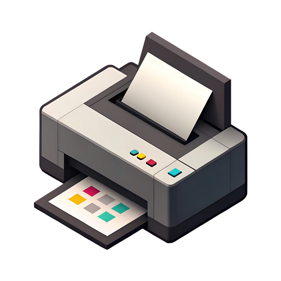 Isometric illustration of a printer printing a colorful image. png