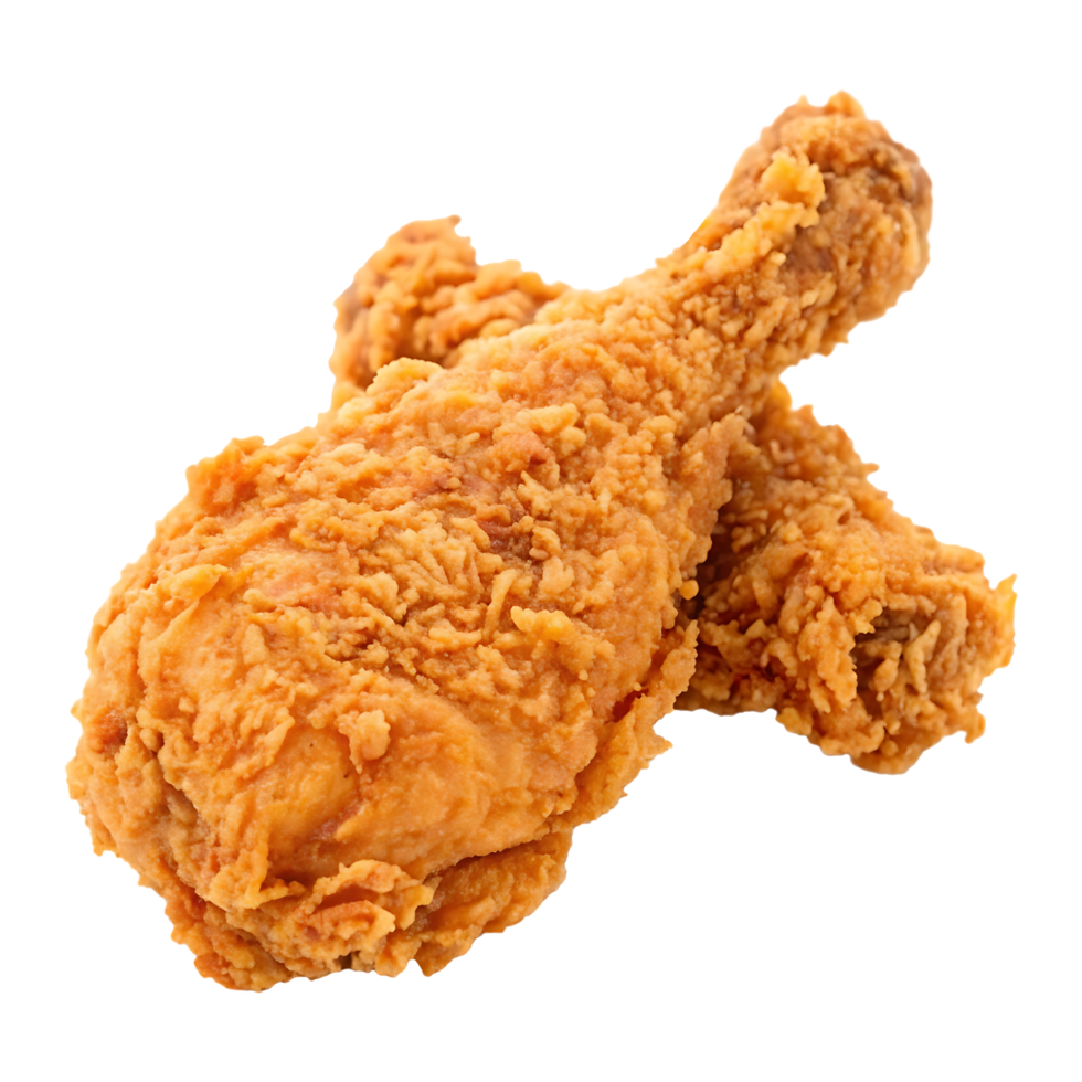 Two delicious crispy fried chicken drumsticks. png