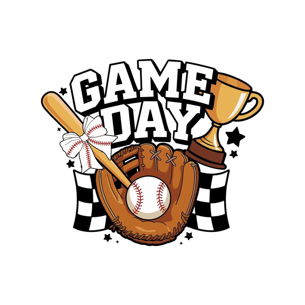 Game Day themed design featuring bold typography, a baseball glove holding a ball, wooden bat with ribbon, golden trophy, and checkered racing flags with decorative stars vector