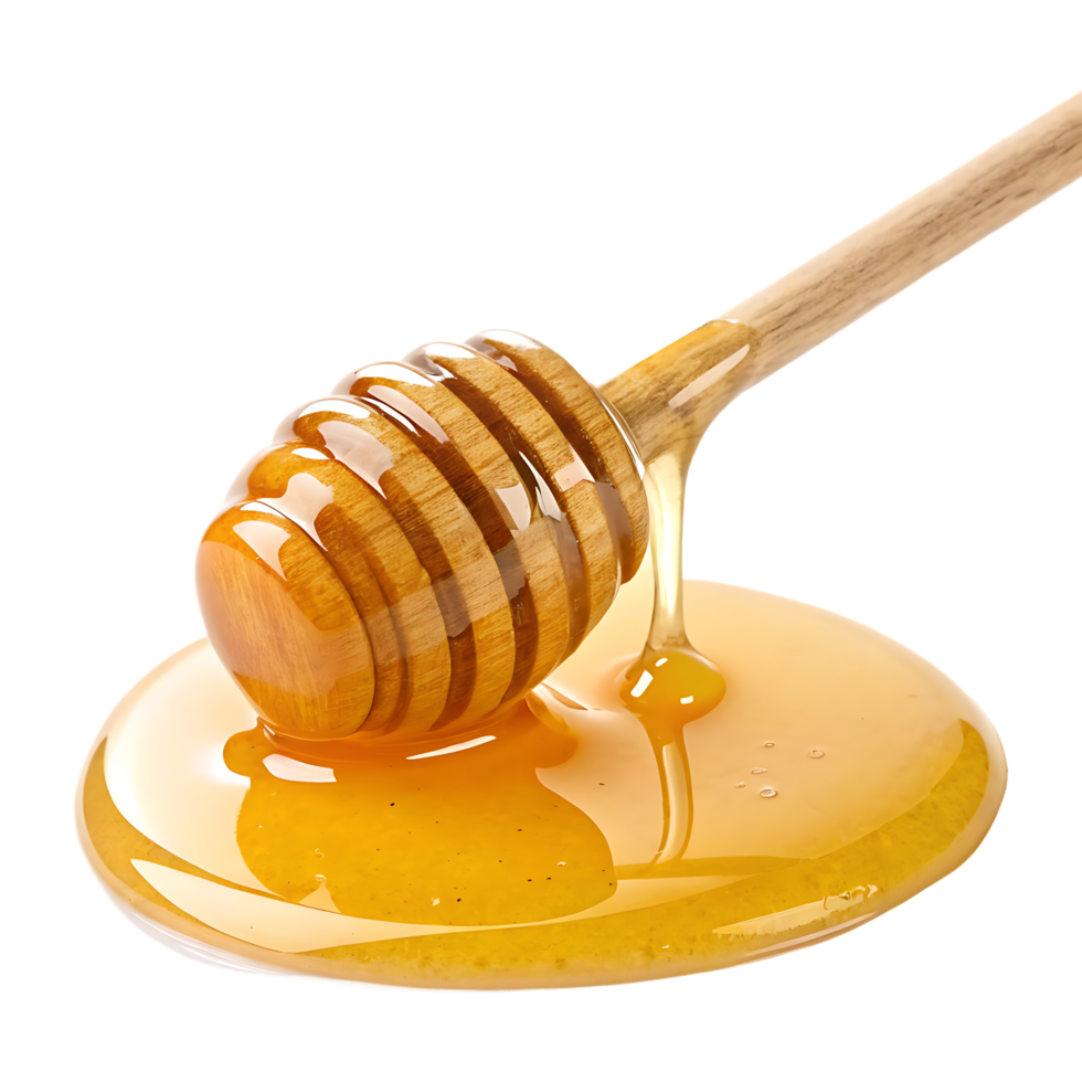 Golden honey dripping from a wooden honey dipper. png