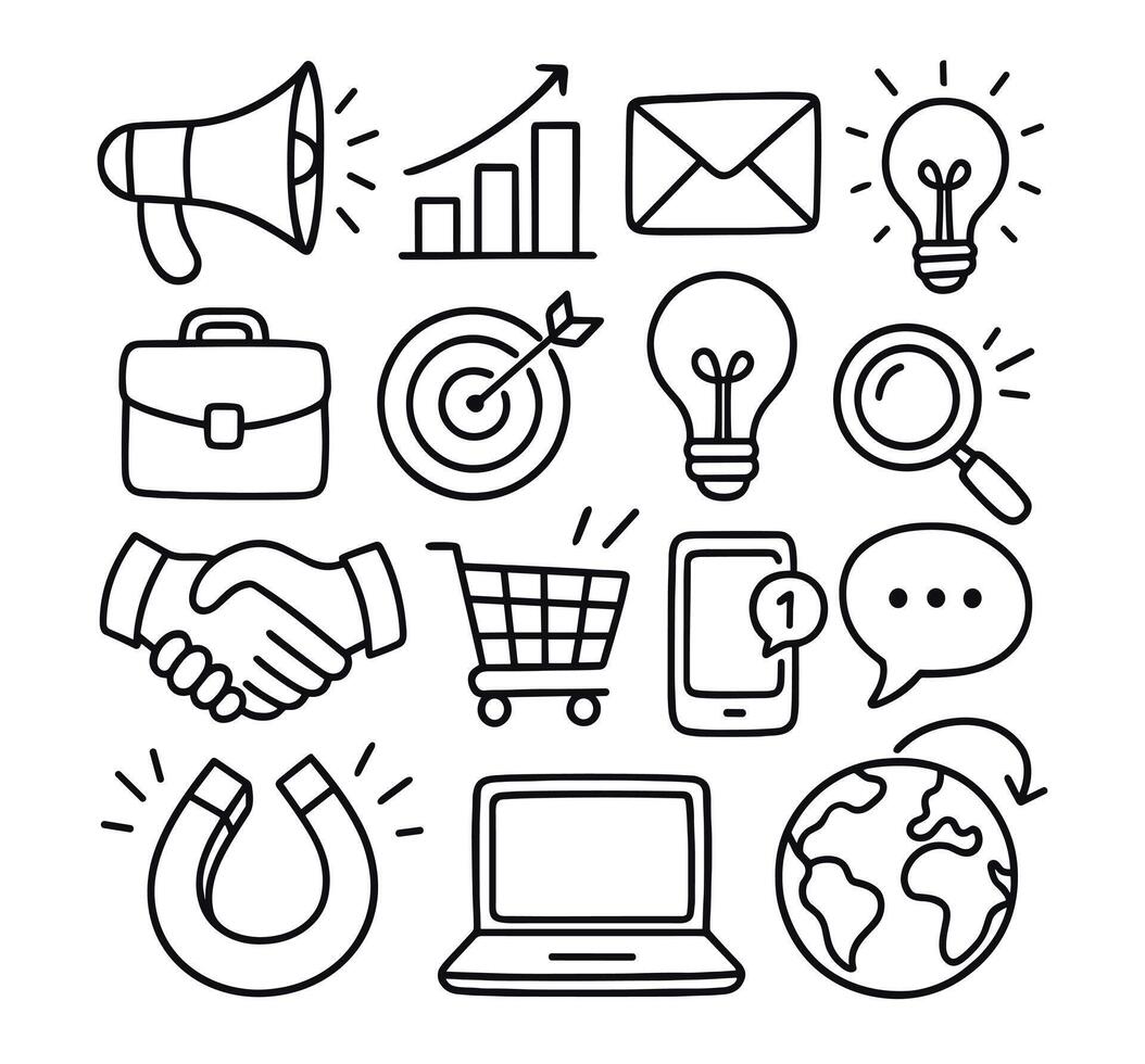Hand-drawn icons digital marketing business concepts megaphone chart email light bulbs briefcase target magnifying glass handshake shopping cart mobile phone speech bubble magnet laptop globe vector