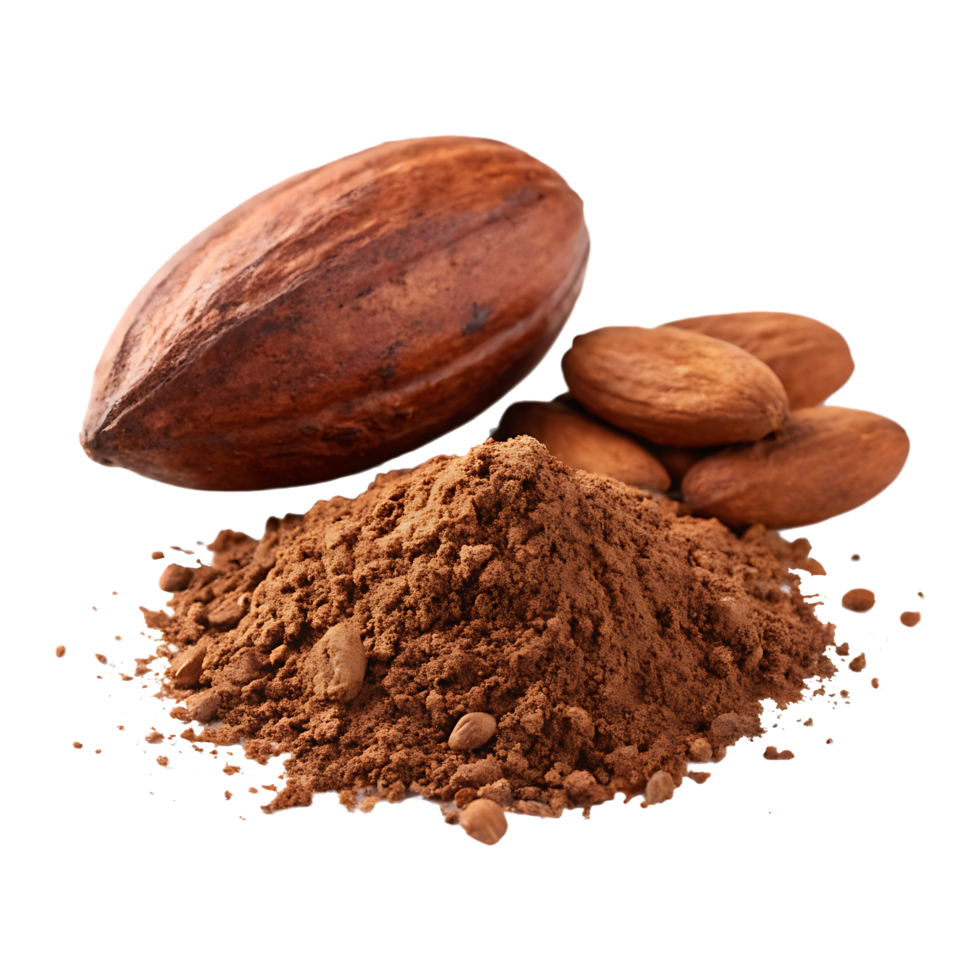 Cocoa pod, beans, and powder. Chocolate ingredient. png