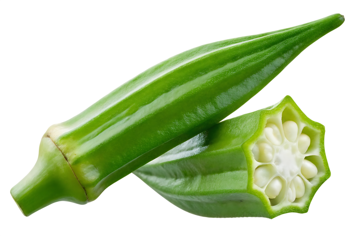 Close up of fresh green okra, one whole and one sliced. png