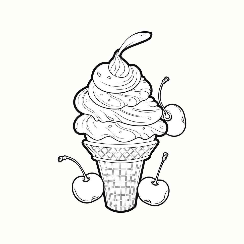 Ice cream with cherries and whipped cream in a waffle cone vector