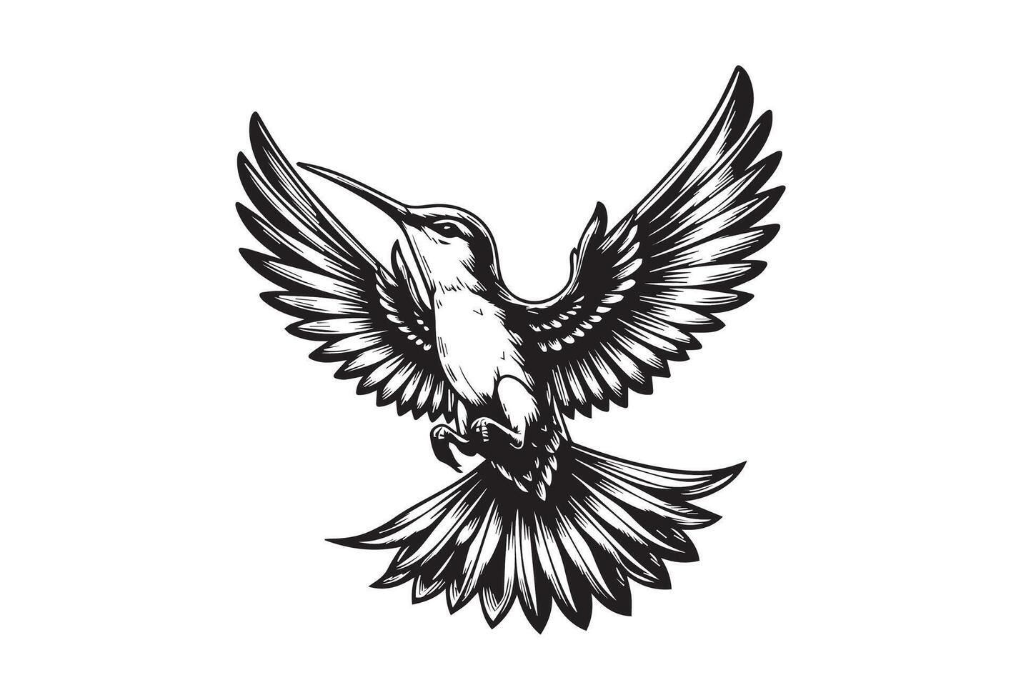 Illustration of a hummingbird flying viewed from side on isolated background done in black and white. vector