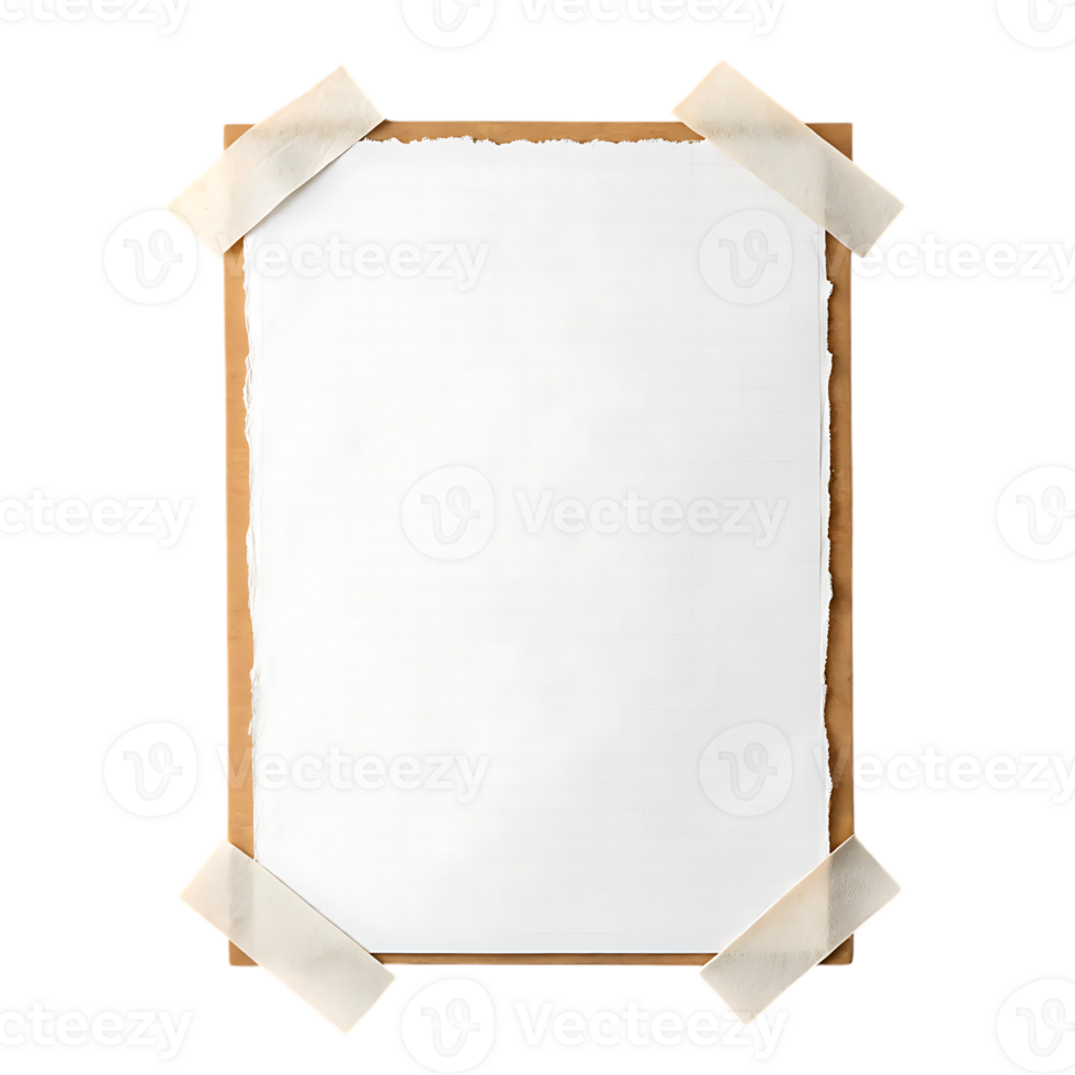 Blank white paper sheet on cardboard with masking tape. png