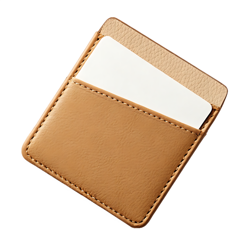 Tan leather card holder with blank card inside. png