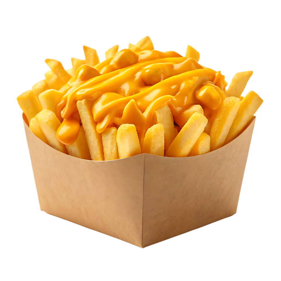 Delicious cheesy fries in a paper container. png
